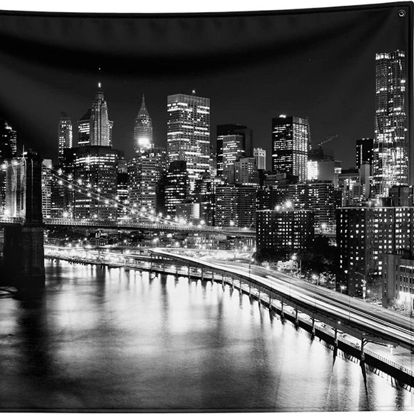 Black White Brooklyn Bridge New York Skyline Cityscape Skyscraper Tapestry Decor - Picture 6 of 6